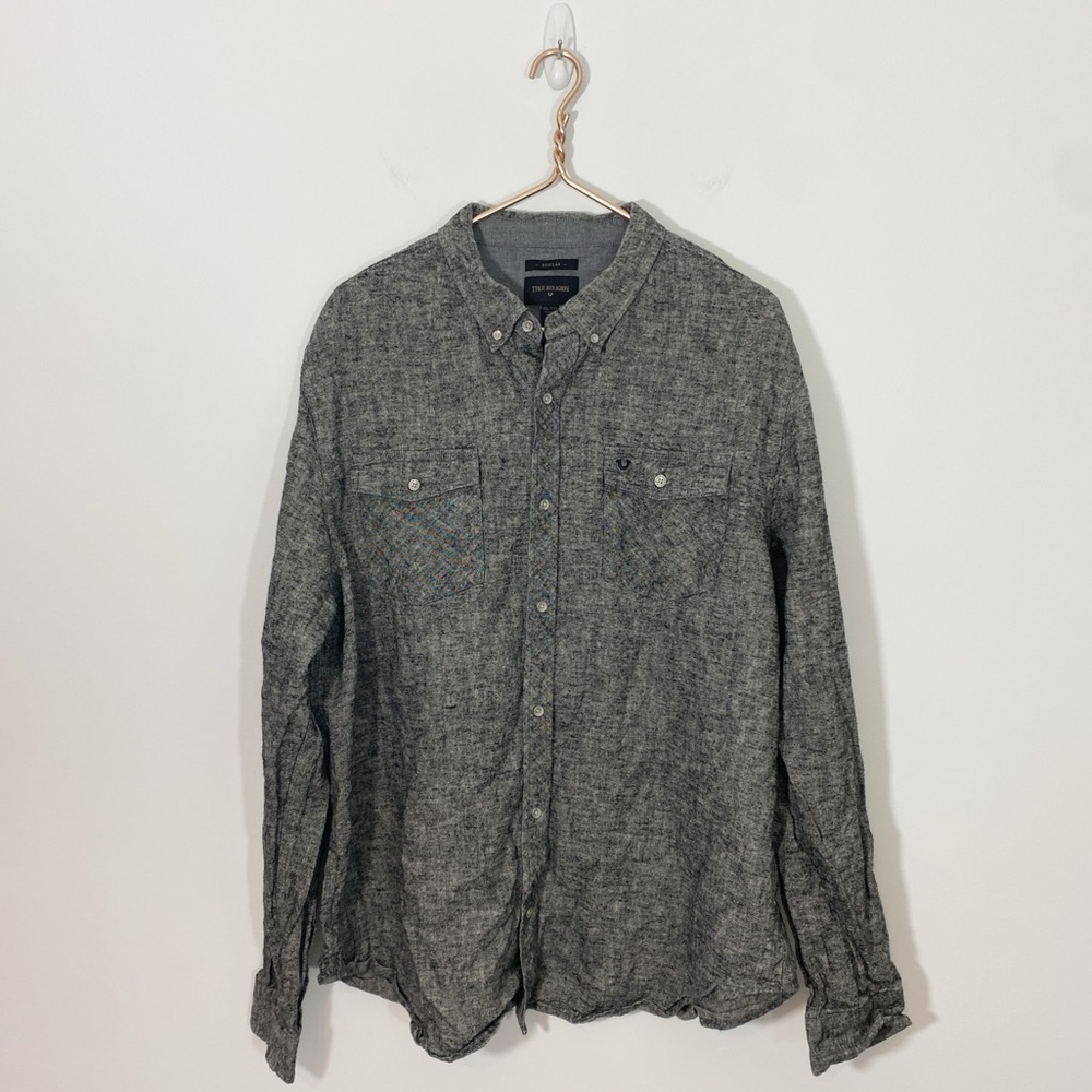True Religion Mens‎ 3XL Gray 100% Linen Button Down Shirt Top
